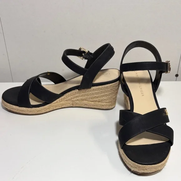 Tommy Hilfiger Black and Tan Wedge Sandals - Picture 7 of 8